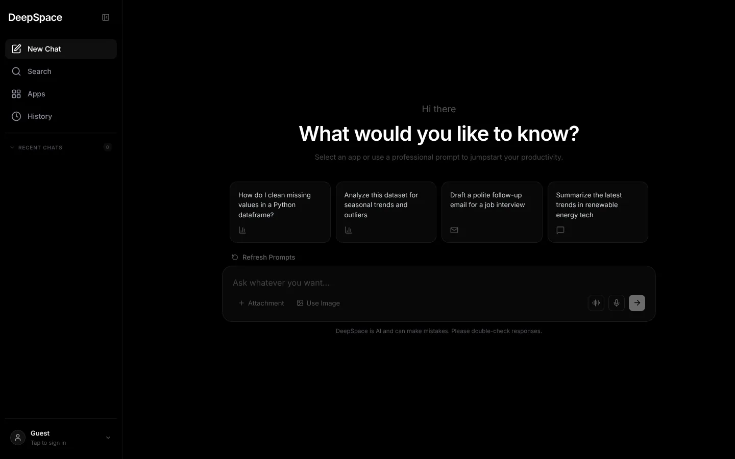 Home screen with prompt ideas, voice and attachments